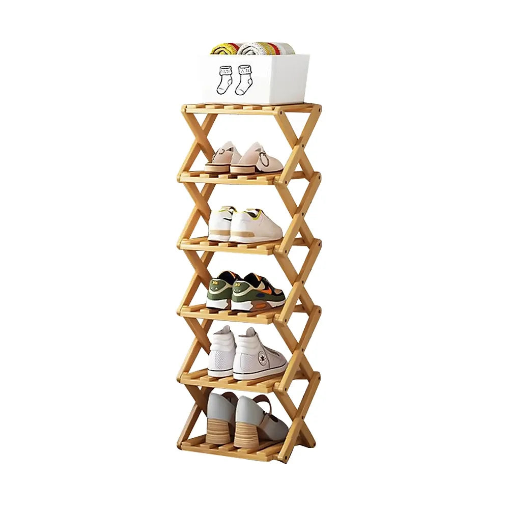 Bamboo Folding Shoe Rack 6 Tier Efficient Hallway Storage-Furniture Kingdom